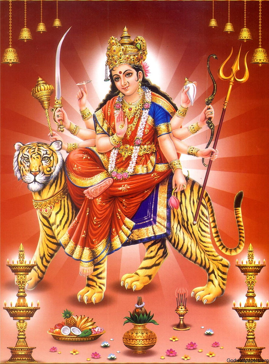 Goddess Durga Riding Tiger with Trishul and Sword Hindu Deity Art HD phone wallpaper