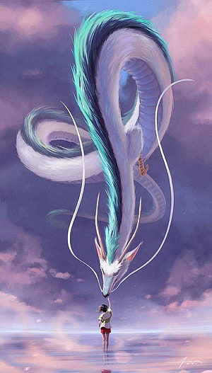 Spirited Away Dragon and Chihiro Touching Noses in Dreamy Sky HD phone wallpaper