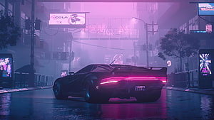 Quadra Turbo sports car in a rainy neon-lit Cyberpunk 2077 city street at night HD wallpaper