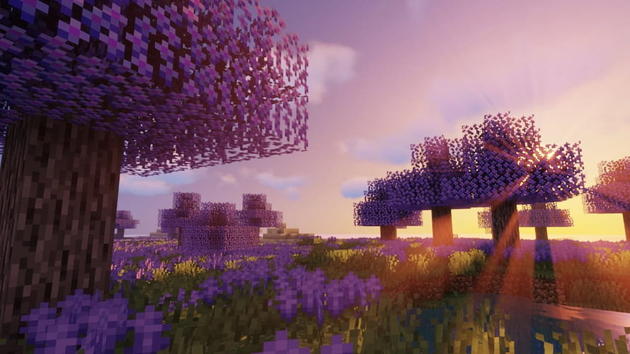 Minecraft Chorus Forest Biome with Purple Trees and Sunset Sky HD wallpaper