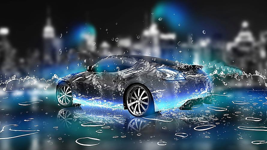 Sleek Sports Car Splashing Through Water With Neon Blue City Lights HD wallpaper