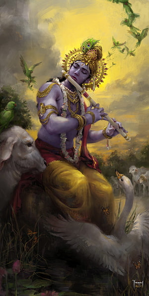 Krishna Playing Flute Digital Art Wallpaper HD phone wallpaper
