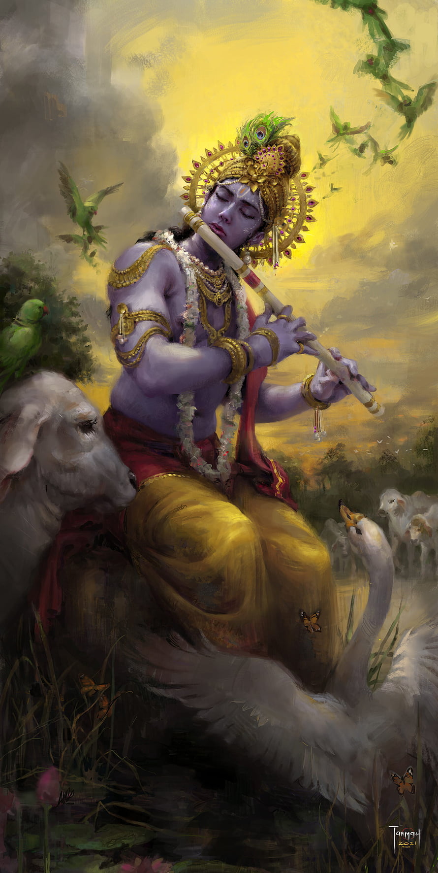 Krishna Playing Flute Digital Art Wallpaper HD phone wallpaper