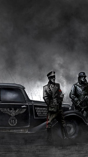 Dark WWII Military Illustration Featuring Soldiers and Vintage Car in Smoky Atmosphere HD phone wallpaper