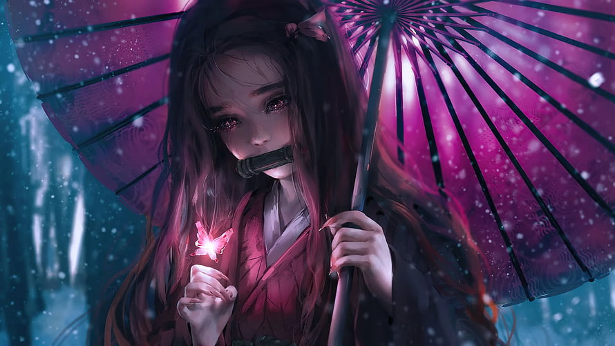 Anime Girl Holding Glowing Butterfly Under Pink Umbrella in Snow HD wallpaper