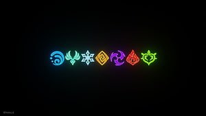 Genshin Impact Seven Elemental Symbols Glowing in Neon Colors on Black Background HD wallpaper