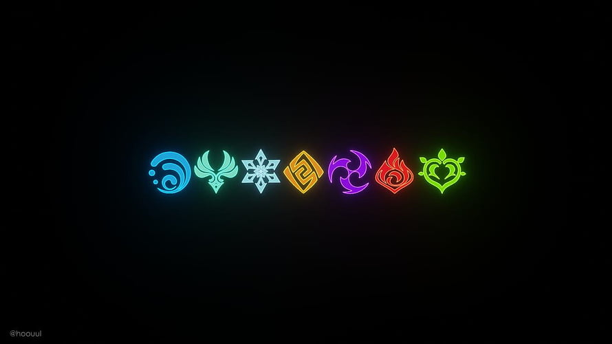Genshin Impact Seven Elemental Symbols Glowing in Neon Colors on Black Background HD wallpaper