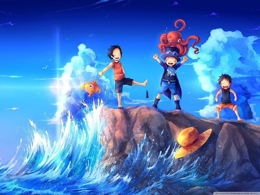 One Piece Luffy and Ace on a Rocky Outcrop Amidst Ocean Waves HD wallpaper