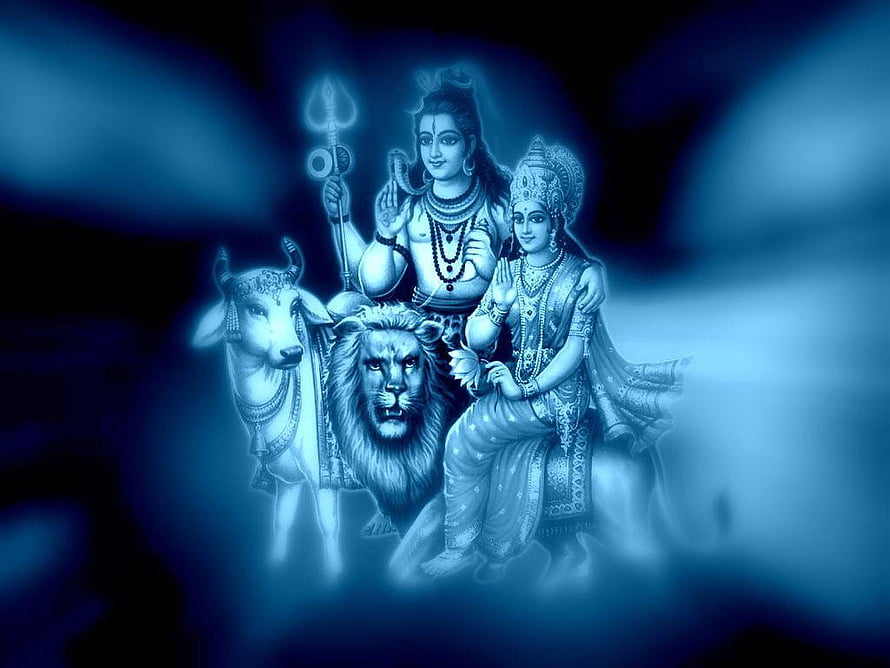 Lord Shiva and Parvati with Nandi and Lion in Ethereal Blue Monochrome HD wallpaper