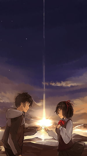 Your Name Anime Illustration of Taki and Mitsuha Reaching Toward a Meteor at Dusk HD phone wallpaper