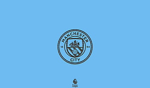 Manchester City FC Monochrome Crest on Sky Blue Background with Premier League Badge HD wallpaper