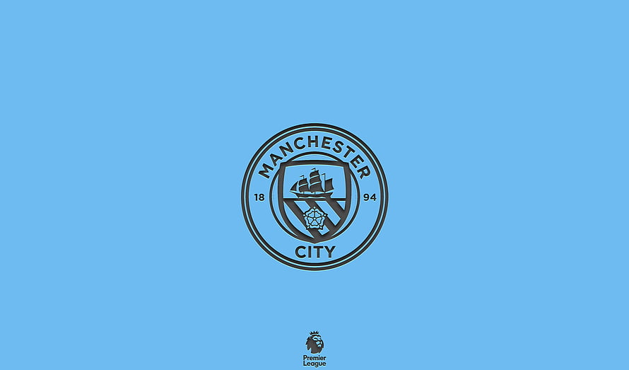 Manchester City FC Monochrome Crest on Sky Blue Background with Premier League Badge HD wallpaper
