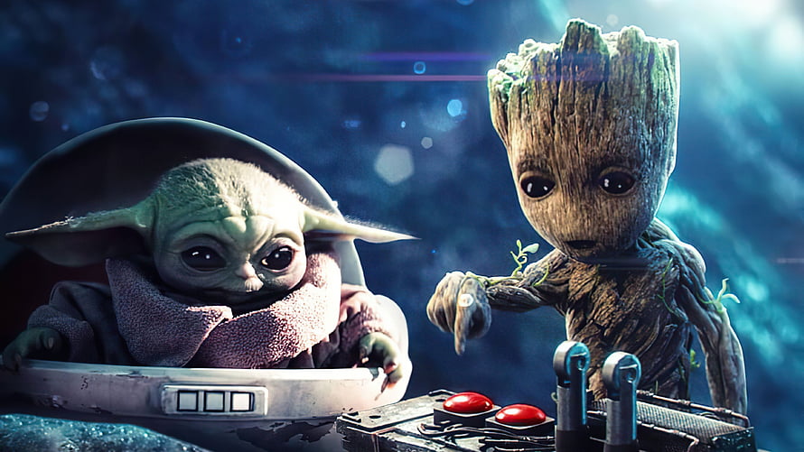 Baby Yoda and Baby Groot Sitting Together at a Control Panel in Cinematic Sci-Fi Setting HD wallpaper