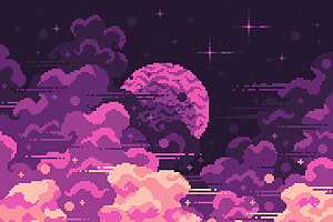 Retro Pixel Art Night Sky with Glowing Pink Moon, Purple Clouds, and Starry Space Landscape HD wallpaper