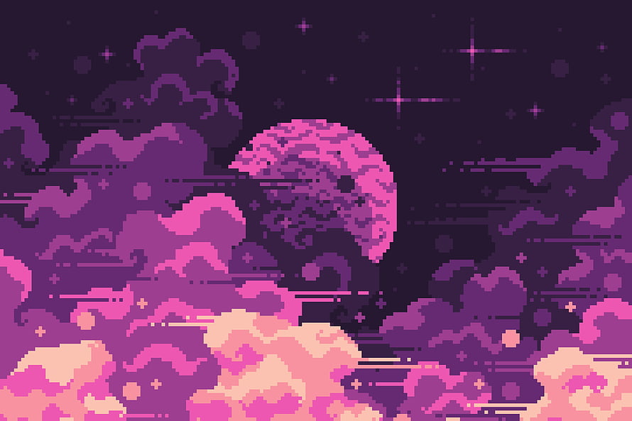 Retro Pixel Art Night Sky with Glowing Pink Moon, Purple Clouds, and Starry Space Landscape HD wallpaper