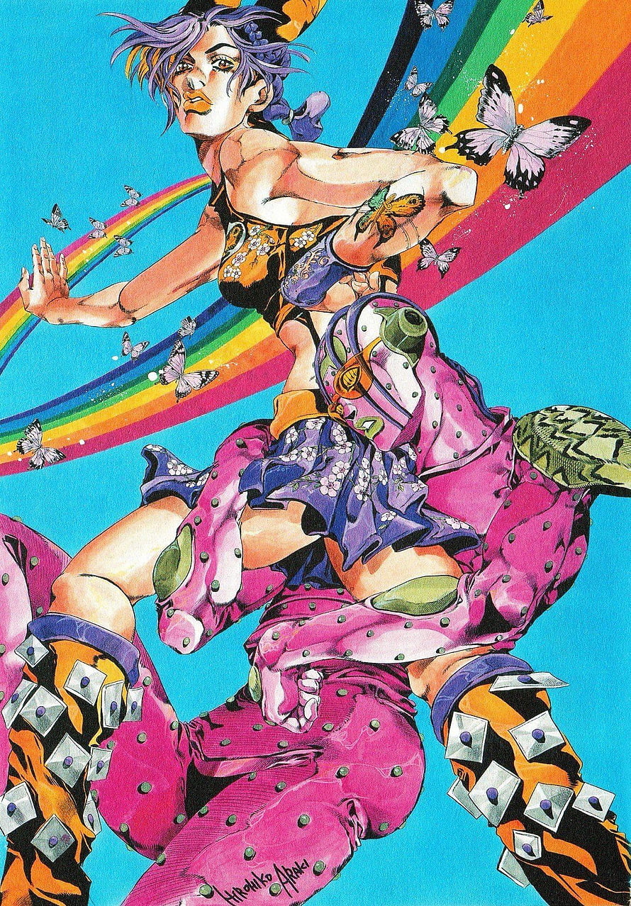Jolyne Kujo from Jojo's Bizarre Adventure in vibrant pink outfit with butterflies and rainbow background HD phone wallpaper