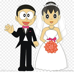 Nobita and Shizuka in Wedding Attire from Doraemon Anime Series HD wallpaper