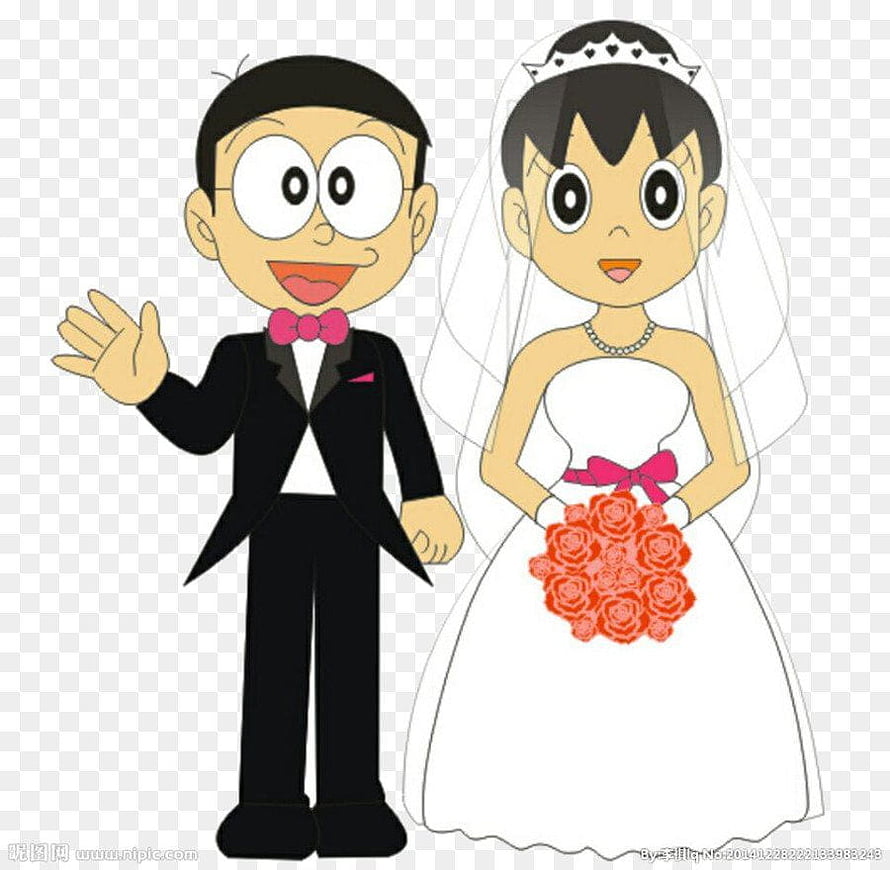 Nobita and Shizuka in Wedding Attire from Doraemon Anime Series HD wallpaper