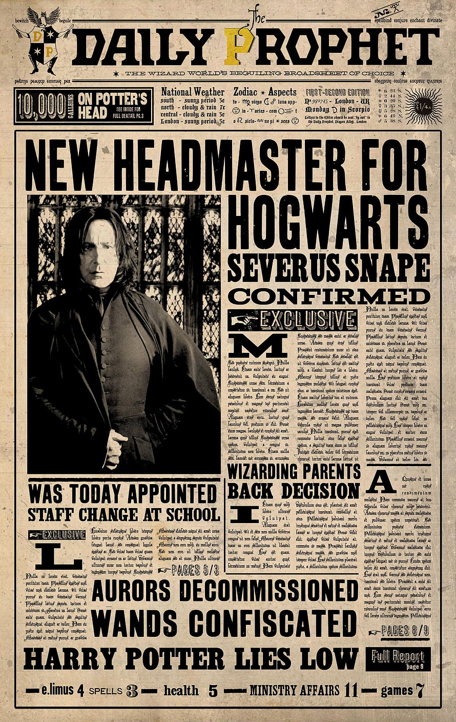Daily Prophet Newspaper Headline Featuring Severus Snape As New Hogwarts Headmaster HD phone wallpaper