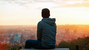 Man Sitting on Bench Watching Golden Sunset Over City Skyline, Sad Boy For Facebook Profile or Whatsapp, alone boy HD wallpaper