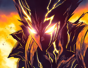 Cosmic Garou Anime Villain Portrait With Glowing Eyes And Fiery Energy Aura HD wallpaper