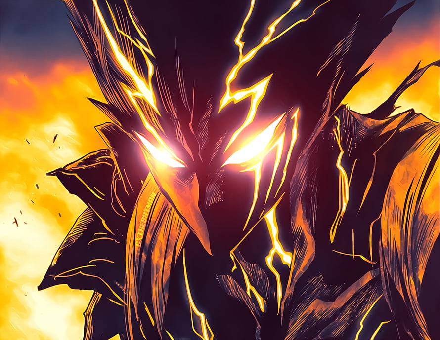 Cosmic Garou Anime Villain Portrait With Glowing Eyes And Fiery Energy Aura HD wallpaper