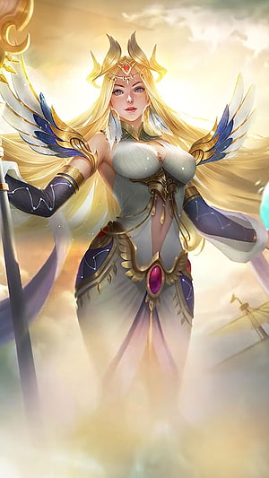 Kadita from Mobile Legends in radiant celestial armor with golden wings and a glowing staff HD phone wallpaper