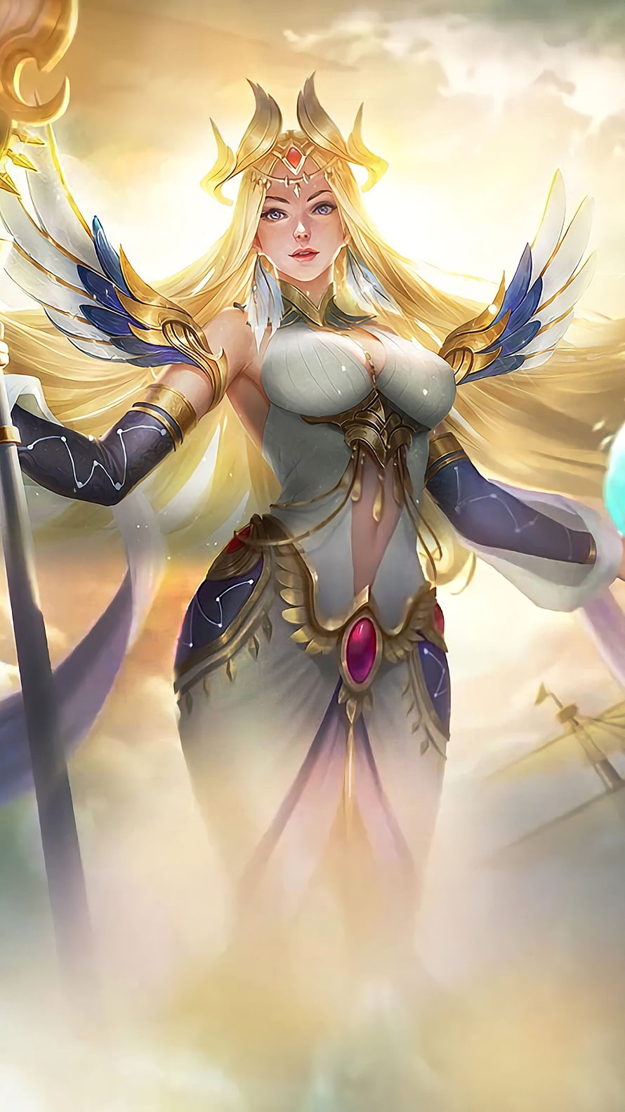 Kadita from Mobile Legends in radiant celestial armor with golden wings and a glowing staff HD phone wallpaper