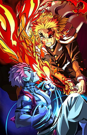 Rengoku Kyojuro vs Hantengu Demon Slayer Anime Battle Wallpaper HD phone wallpaper