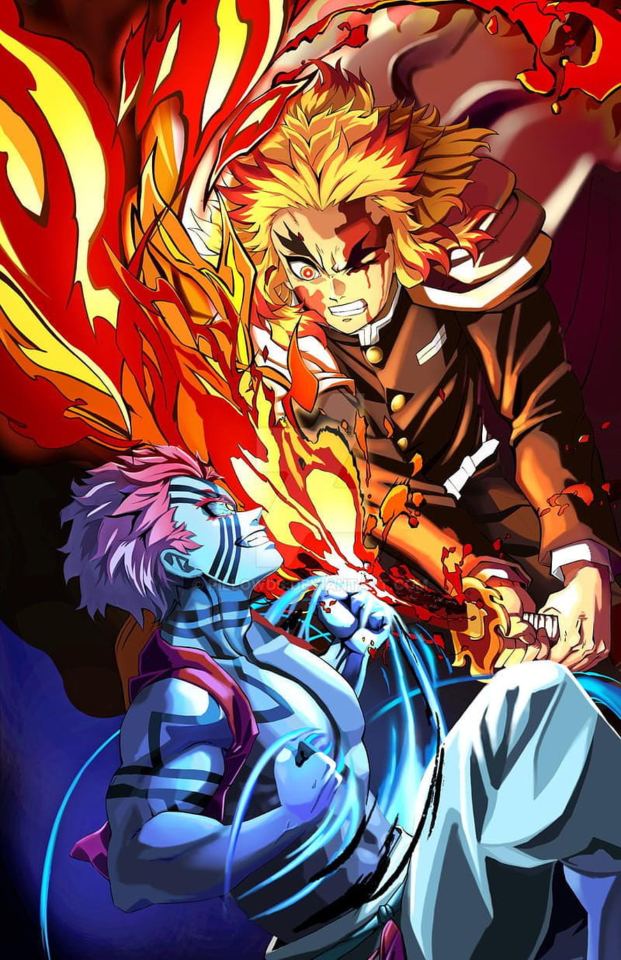 Rengoku Kyojuro vs Hantengu Demon Slayer Anime Battle Wallpaper HD phone wallpaper