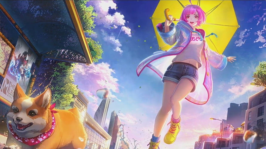 Kagura Anime Girl With Yellow Umbrella And Corgi Dog In Vibrant City HD wallpaper