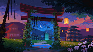 Pixel Art Japanese Torii Gate at Night with Floating Lanterns and Castle HD wallpaper