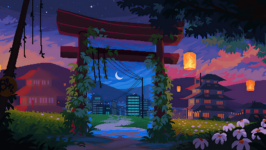 Pixel Art Japanese Torii Gate at Night with Floating Lanterns and Castle HD wallpaper