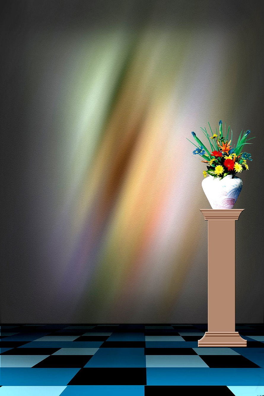 Colorful Flower Bouquet in White Vase on Pedestal with Rainbow Light Beam Background HD phone wallpaper