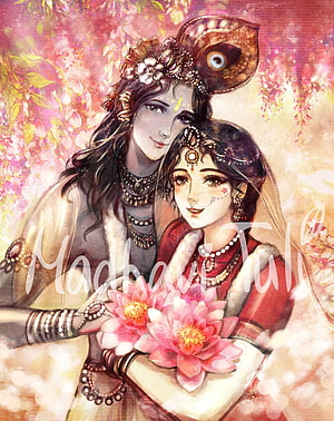 Radha Krishna Holding Pink Lotus Flowers in Traditional Indian Attire HD phone wallpaper