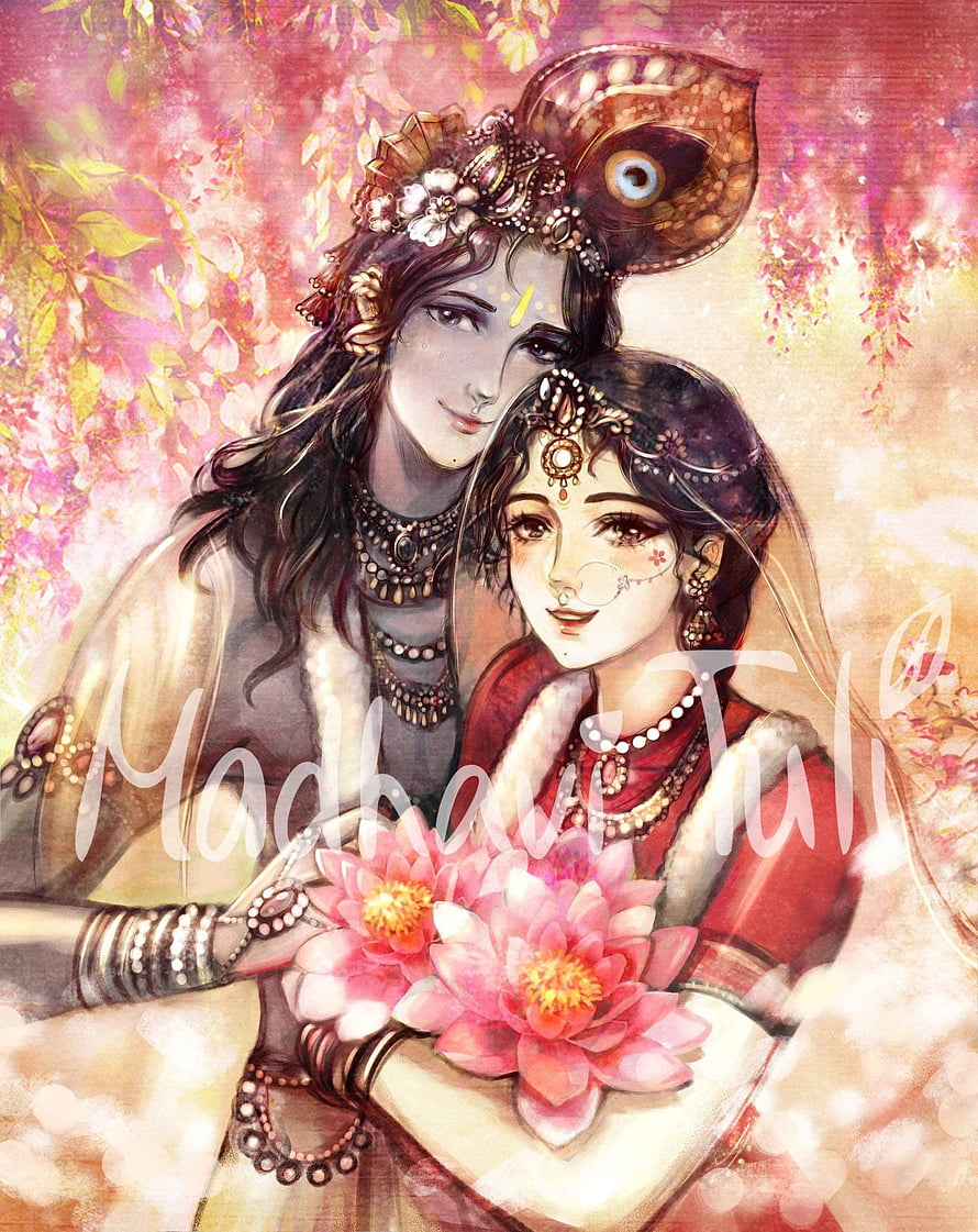 Radha Krishna Holding Pink Lotus Flowers in Traditional Indian Attire HD phone wallpaper