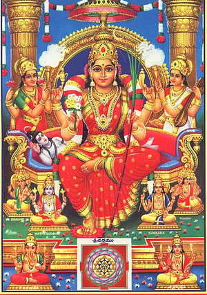 Goddess Lakshmi seated on a throne with Ganesha, Saraswati, Brahma, and Shiva in traditional Indian art HD phone wallpaper