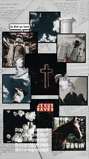 Christian Aesthetic Collage Featuring Cross, Bible, and Classical Sculpture HD phone wallpaper