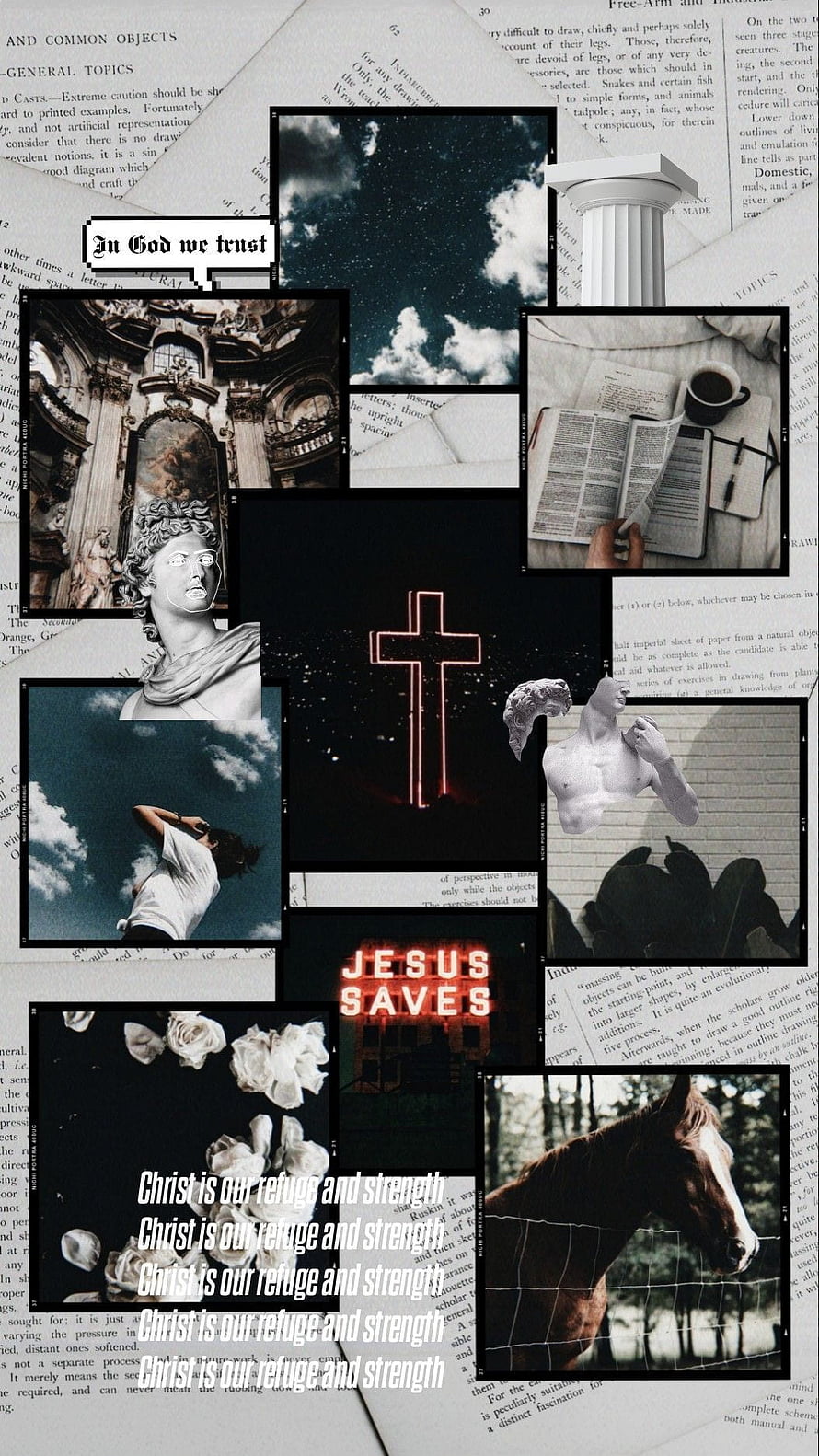 Christian Aesthetic Collage Featuring Cross, Bible, and Classical Sculpture HD phone wallpaper