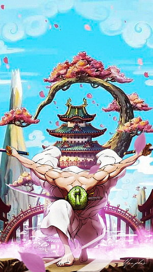 Roronoa Zoro Three-Sword Style Pose in Front of Japanese Castle and Cherry Blossom Arch HD phone wallpaper