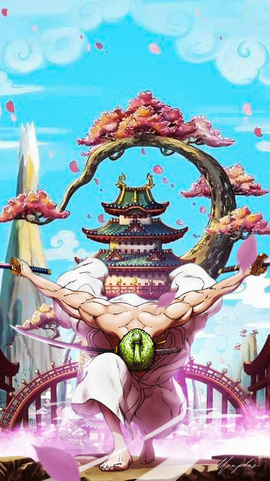 Roronoa Zoro Three-Sword Style Pose in Front of Japanese Castle and Cherry Blossom Arch HD phone wallpaper