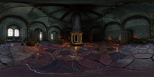 Tabletop Simulator Medieval Hall Interior with Central Fireplace and Arched Windows HD wallpaper