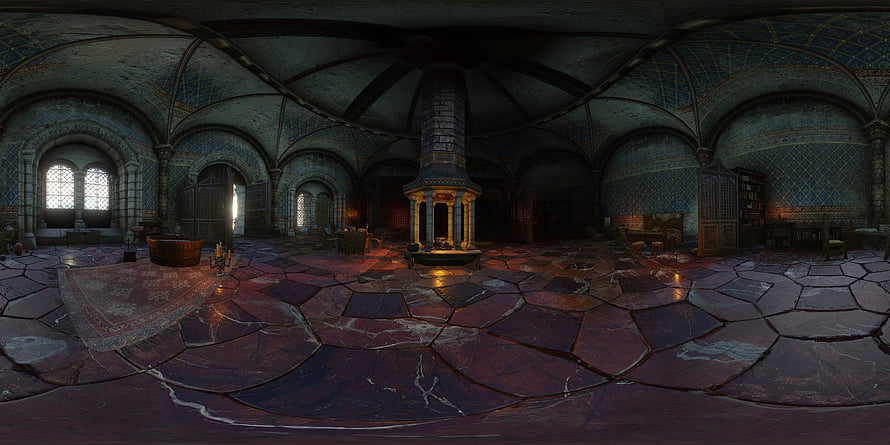 Tabletop Simulator Medieval Hall Interior with Central Fireplace and Arched Windows HD wallpaper