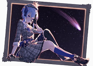 Hoshimachi Suisei in Plaid Outfit with Crown and Starry Sky Background HD wallpaper
