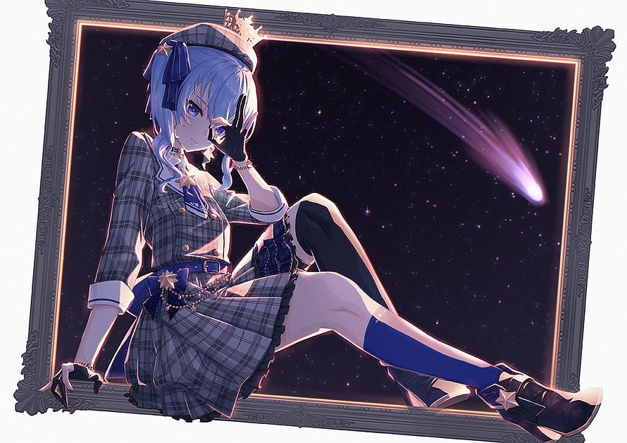 Hoshimachi Suisei in Plaid Outfit with Crown and Starry Sky Background HD wallpaper