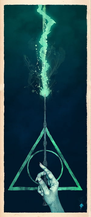 Harry Potter Deathly Hallows Symbol with Elder Wand and Green Magic HD phone wallpaper