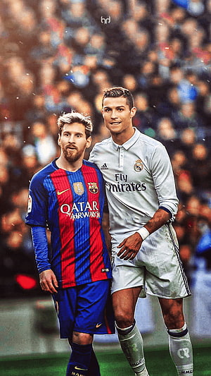 Lionel Messi and Cristiano Ronaldo standing together in Barcelona and Real Madrid kits HD phone wallpaper