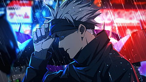 Gojo Satoru from Jujutsu Kaisen in the Rain with Neon Lights HD wallpaper