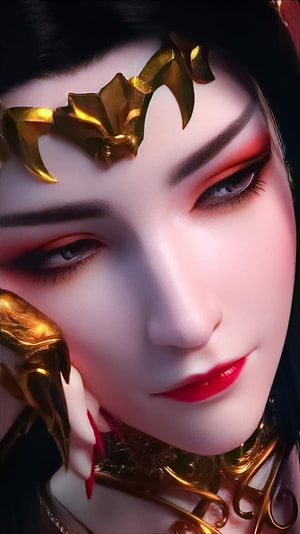 Portrait of a fantasy woman with golden headpiece and red makeup, Cai Lin HD phone wallpaper