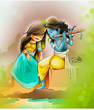 Cute Krishna Playing Flute With Radha Digital Art Wallpaper HD phone wallpaper